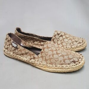 Coach June Womens Espadrille Shoes Flats Monogram Brown Canvas Tan Moccasin 9M